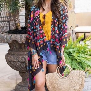 New Grace & Lace Rio Kimono OS Sheer Cover Up Floral on Black Colorful Tassels
